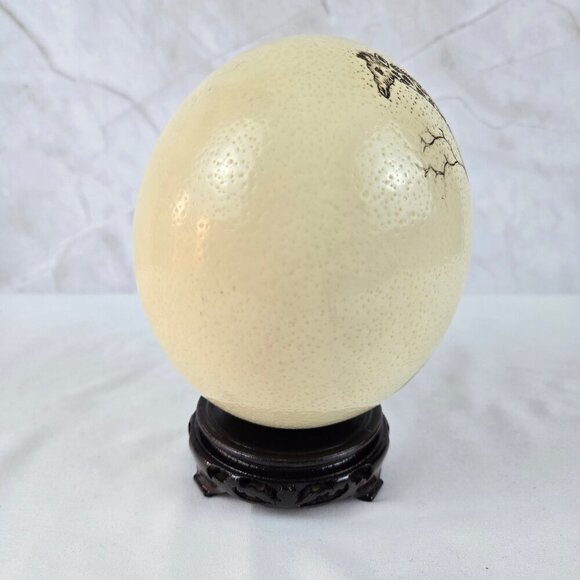 Hand Etched Giraffe on Ostrich Egg with Wooden Stand Home Office Collectible - Picture 9 of 13